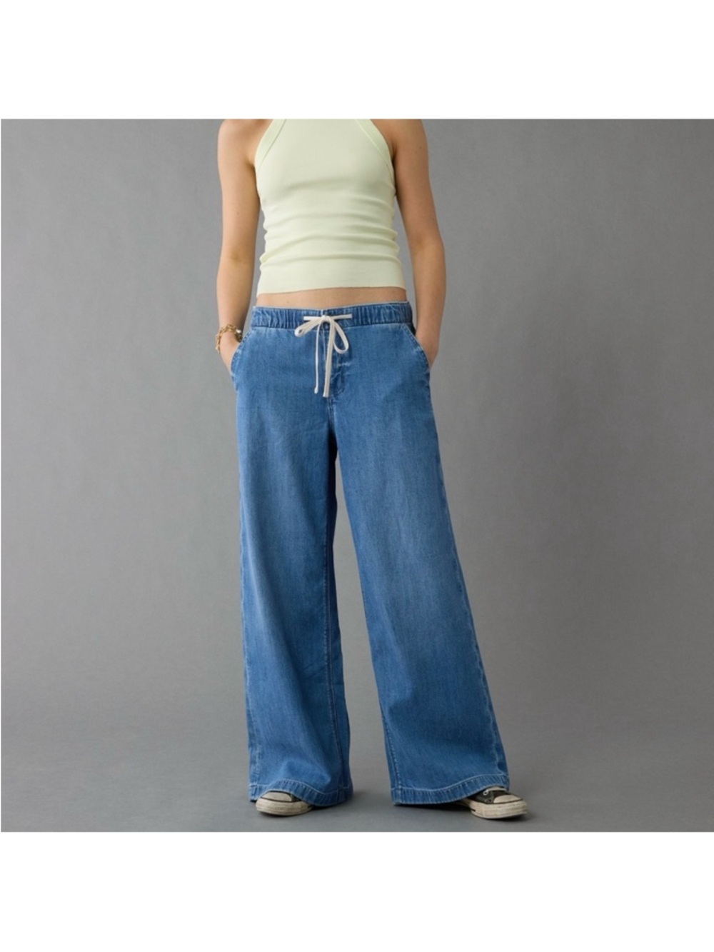 American Eagle Baggy Wide Leg Jeans Womens XS Low Rise Skater Coastal Stretch